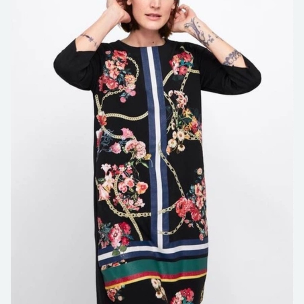 Zara Beautiful black chain link rose t thick shift dress s M